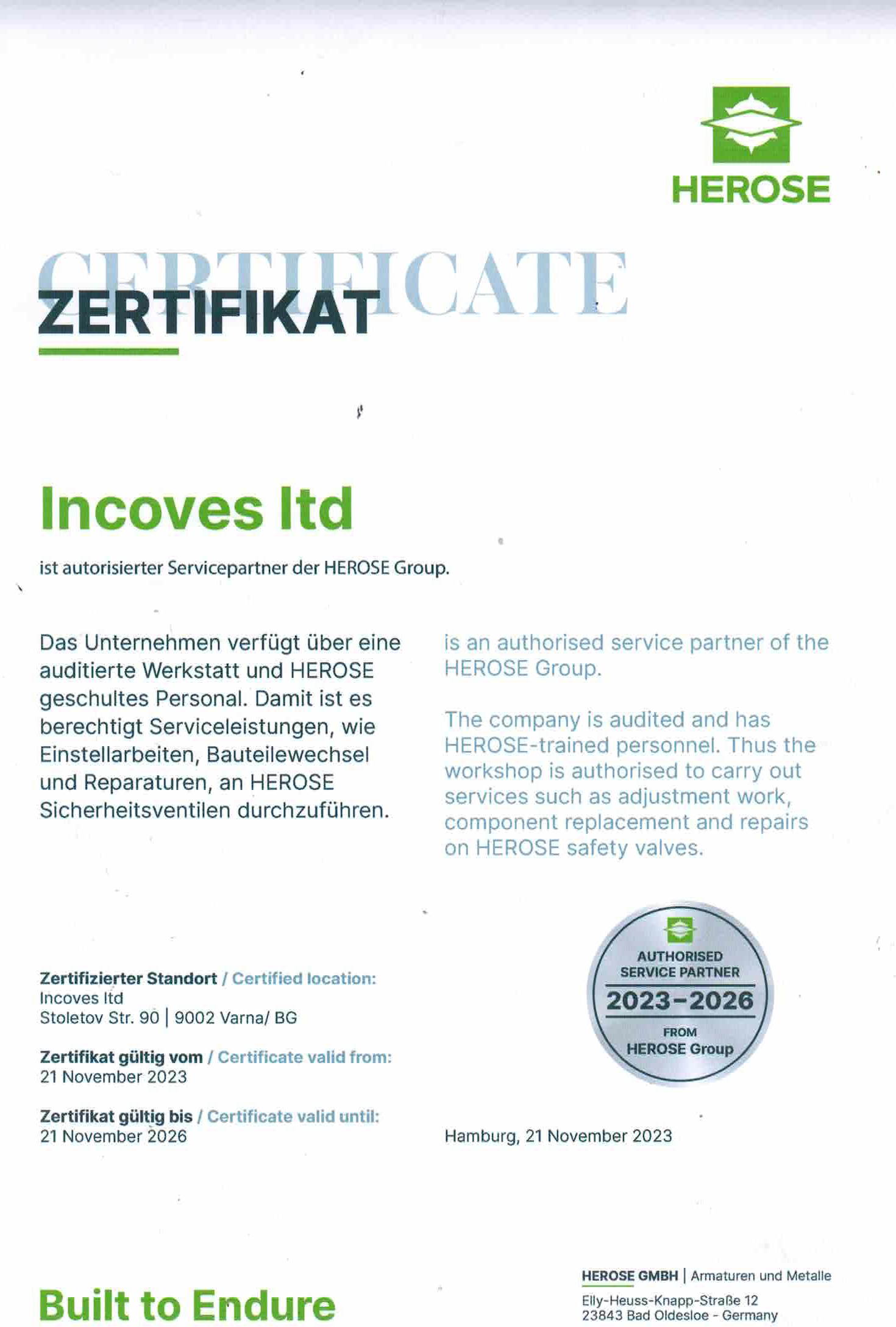 Сертификат за сервизен партньор на HEROSE GMbH INCOVES